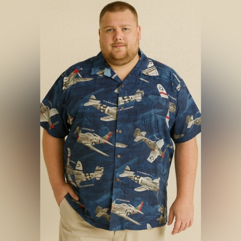 RJC Vintage Hawaiian Shirt Airplane Print Blue XXL Made in USA